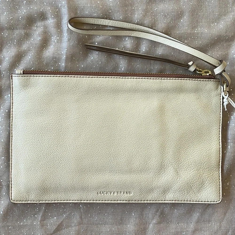 Brand New Lucky Brand Genuine Leather Pale Ecru Multi Yellow Zippered Wristlet